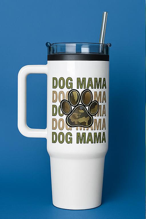 Dog Mama Travel Mug – Insulated Tumbler with Handle, Straw & Camouflage Paw Print